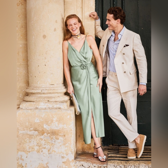 RW&CO. Dresses & Skirts - RW&Co NWT Satin Midi Cocktail Dress with Removable Flower Sash in Shale Green 12